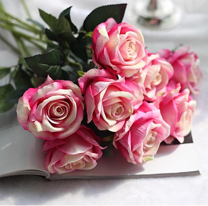 PacuM Artificial Roses, Pack of 12, Artificial Flowers, Silk Flowers, Roses 51 x 7 cm, Artificial Flowers, Realistic Single Stem Flowers for Wedding Party, Valentine's Day, Home Decoration (Dark Pink) - Image 4