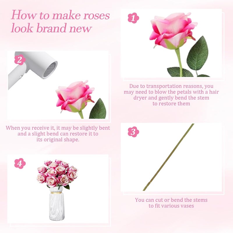 PacuM Artificial Roses, Pack of 12, Artificial Flowers, Silk Flowers, Roses 51 x 7 cm, Artificial Flowers, Realistic Single Stem Flowers for Wedding Party, Valentine's Day, Home Decoration (Dark Pink) - Image 3