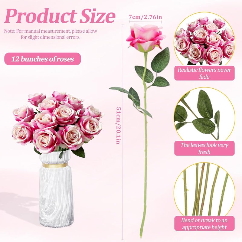 PacuM Artificial Roses, Pack of 12, Artificial Flowers, Silk Flowers, Roses 51 x 7 cm, Artificial Flowers, Realistic Single Stem Flowers for Wedding Party, Valentine's Day, Home Decoration (Dark Pink) - Image 2