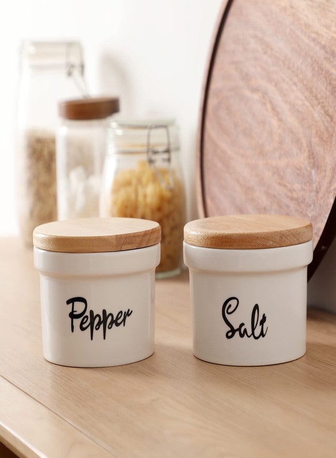هاو توب أوعية ملح وفلفل من هاوتوب بغطاء خشبي، سعة 12.5 أونصة، وعاء سيراميك لحفظ الملح والفلفل، مناسب لسطح المطبخ، ديكور مطبخ ريفي - Image 4