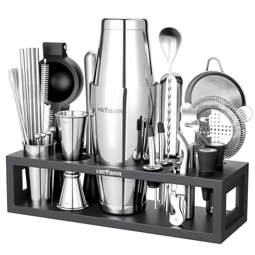 HMYBAR® Bartender Kit with Black Bamboo Stand, 31-Piece Cocktail Shaker Set, 20/28 oz Boston Shaker Set for Home Bar, Mixology Bar Tool Set with 39 Recipe Cards - Image 1
