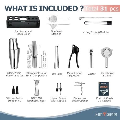 HMYBAR® Bartender Kit with Black Bamboo Stand, 31-Piece Cocktail Shaker Set, 20/28 oz Boston Shaker Set for Home Bar, Mixology Bar Tool Set with 39 Recipe Cards - Image 2