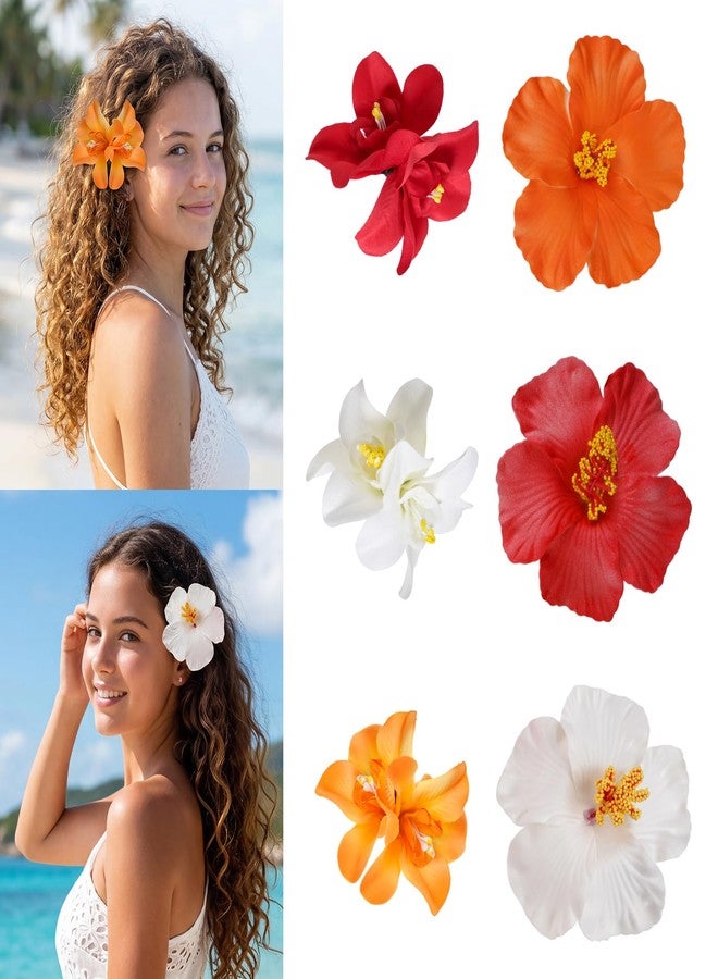 Poualss 6 Pcs Hawaiian Flower Hair Clips for Women 3.5 Inch Plumeria Hibiscus Hair Clip Tropical Artificial Flower Hair Accessories for Beach Pool Vacation, Luau Party Supplies, Wedding (White, Red, Orange) - Image 1