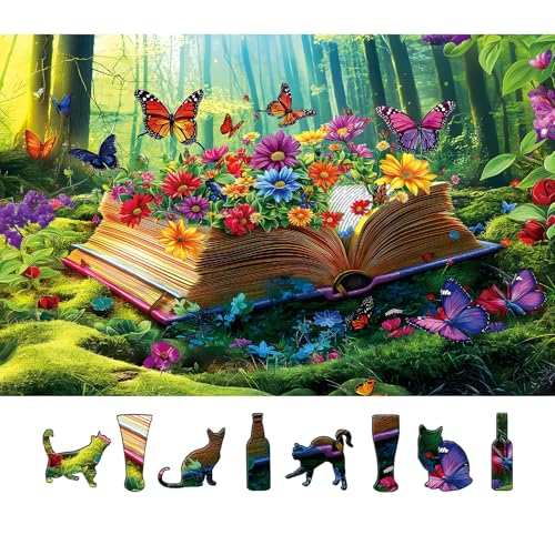 MINIWAN Vibrant Flowers Book 500 Piece Jigsaw Puzzle for Adults Magical Forest Scene Enchanted Garden Butterflies Funny Colorful Challenging 500Piece Puzzle for Family Game Night23x15 - Image 1