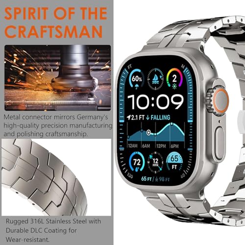 Wingle Stainless Steel Bands for Apple Watch Band Ultra 3/2/1 Band Ultra 49mm 46mm 45mm 44mm 42mm Series 11/10 SE 3/2/1 Men, 24mm Wide Business Rugged Metal Bands for iWatch 9 8 7 6 5 4 3 2 1,Titanium - Image 3