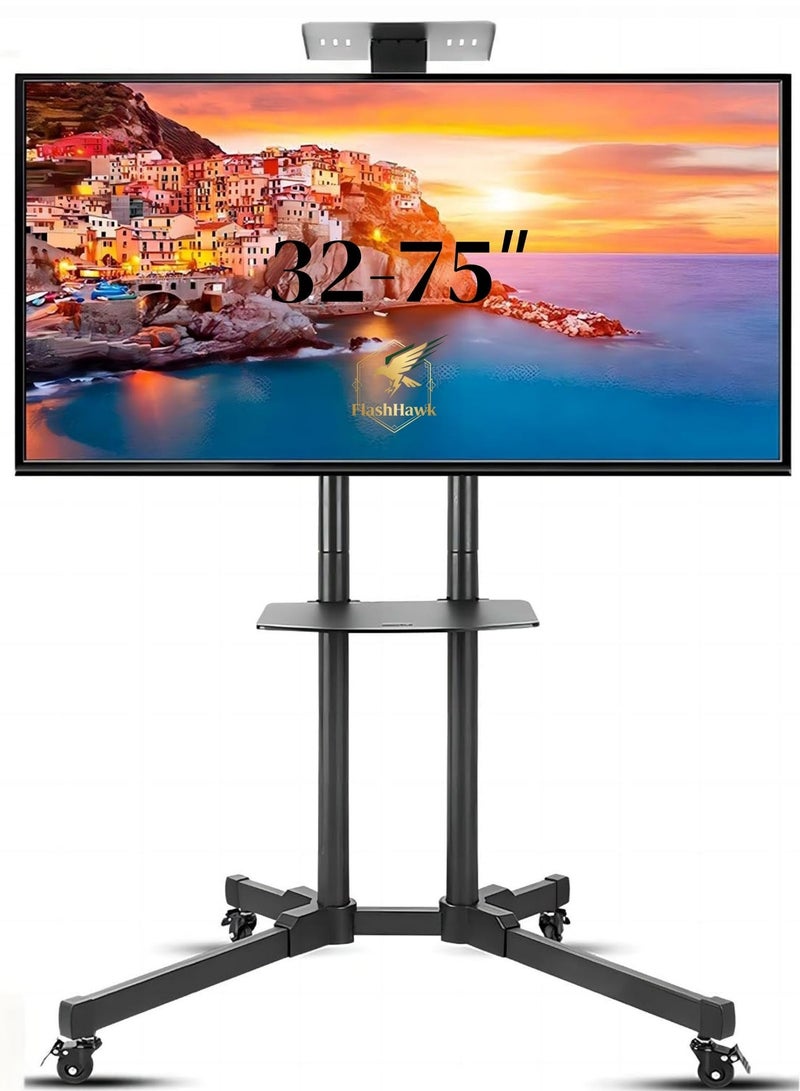 FlashHawk Mobile TV Cart Stand: Height Adjustable Flat Screen TV Mount with Rolling Casters and AV Shelf Fits 32 to 70 inch Load 110 lbs VESA 600x400 for Living Room Audio Gaming Room - Image 1