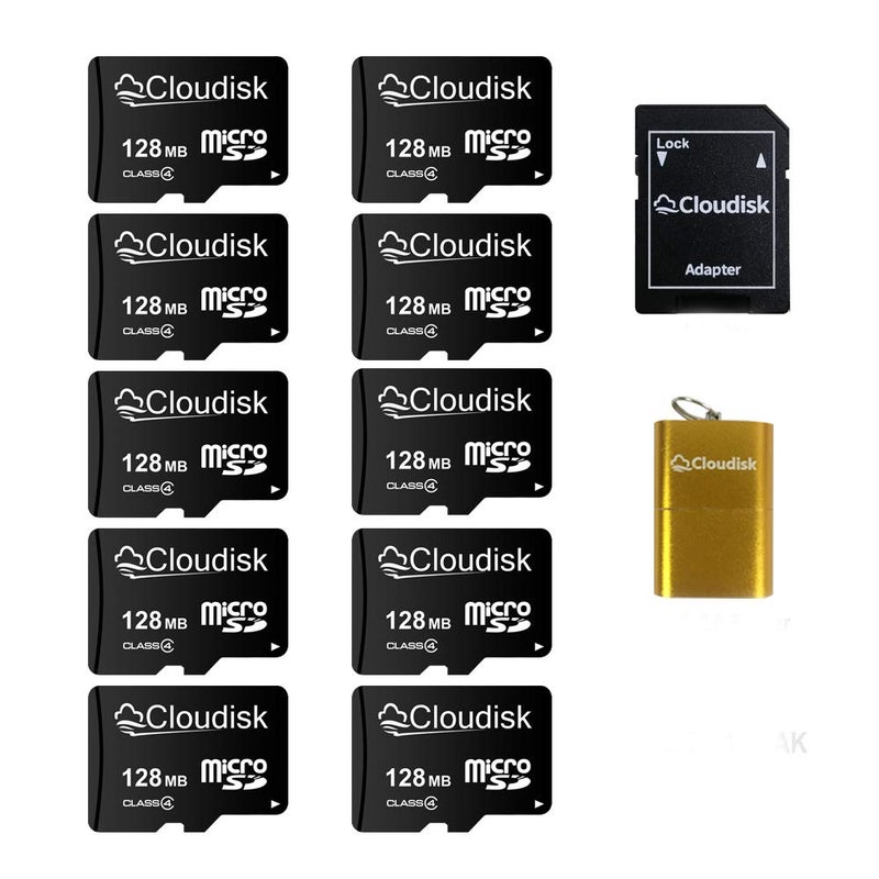 Cloudisk Pack of 10 Micro SD Card 128MB Small Capacity (Not 128GB) Memory Card C4 with Adapter, Card Reader (128MB=0.128GB) - Image 1