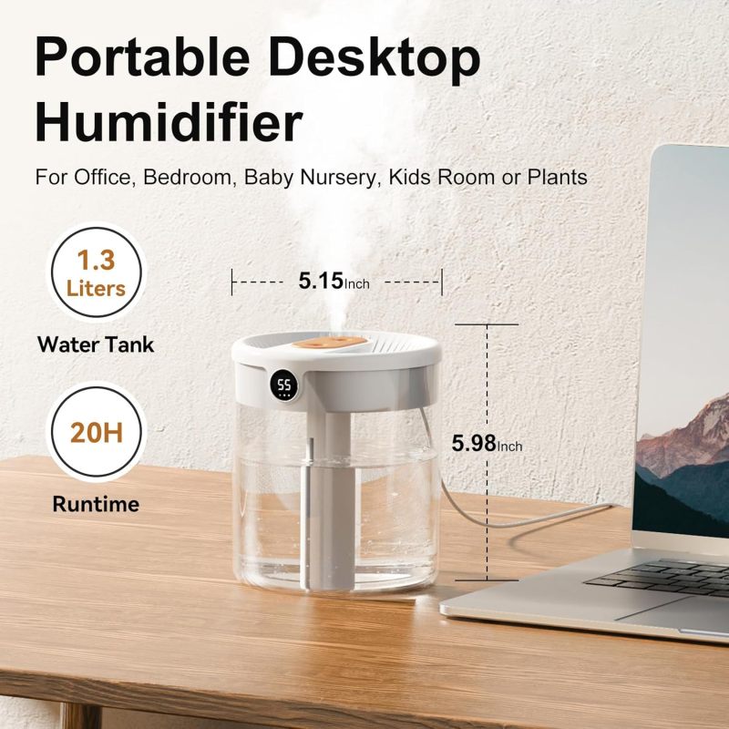 Smart Humidifier: 1.3L White Top Fill Cold Mist - 26dB Quiet Operation 360° Dual Nozzles for Home Bedroom Indoor Dry Environments - Image 2