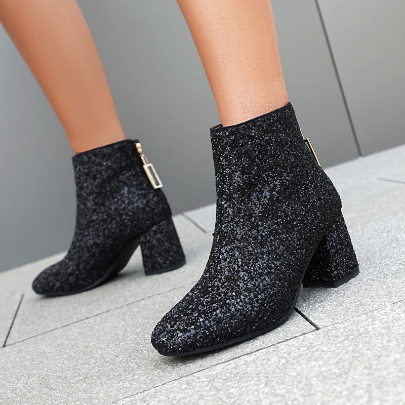 Winter Fashion High Heel Women'S Shoes 40-48 Sequins Joker Low Boots - Image 2