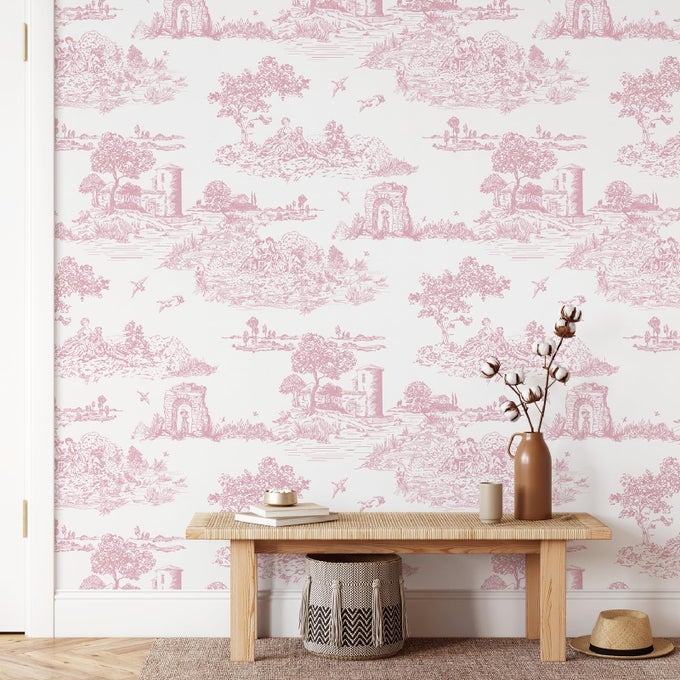 PINK TOILE PEEL STICK WALLPAPER FOR BEDROOM SELFADHESIVE WHITE AND PINK VINTAGE FRENCH COUNTRY WALLPAPER FOR GIRLS ROOM TOILE CONTACT PAPER FOR CABINET 177 X 118