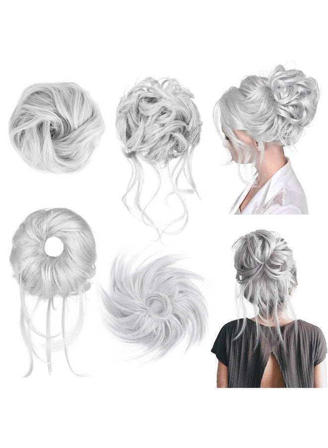 HOOJIH Messy Bun Hair Pieces, 4 Pieces Messy Bun Straight Bun Hair Pieces for Women Wavy Tousled Updo Short Ponytail Hair Extensions Hair Scrunchies Large Bun with Elastic Band - Silver Gray - Image 1