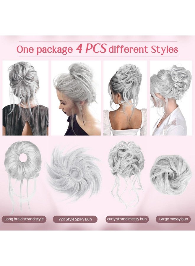 HOOJIH Messy Bun Hair Pieces, 4 Pieces Messy Bun Straight Bun Hair Pieces for Women Wavy Tousled Updo Short Ponytail Hair Extensions Hair Scrunchies Large Bun with Elastic Band - Silver Gray - Image 2