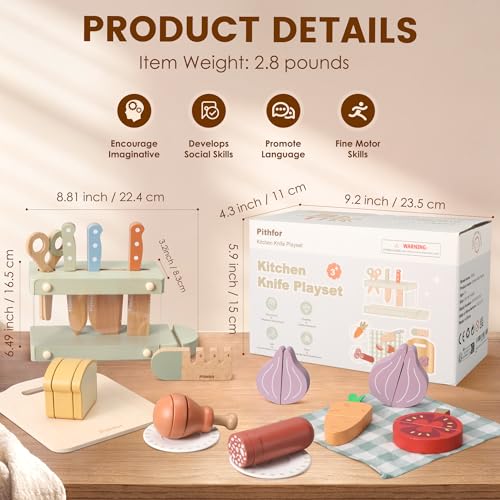 Pithfor Play Knife Set Play Kitchen Accessories Wooden Pretend Play Food Set Toys for Kids Toddlers Gifts for 2 3 4 Years Old Girls Boys - Image 5
