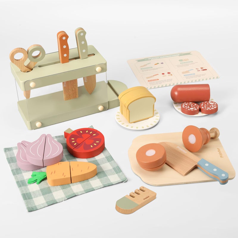 Pithfor Play Knife Set Play Kitchen Accessories Wooden Pretend Play Food Set Toys for Kids Toddlers Gifts for 2 3 4 Years Old Girls Boys - Image 3