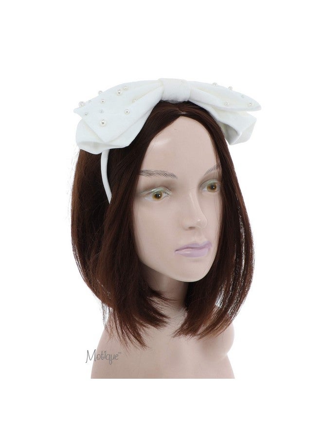 Motique Accessories Large Soft Velvet Bow Headband With Pearls For Women And Girls White - Image 2