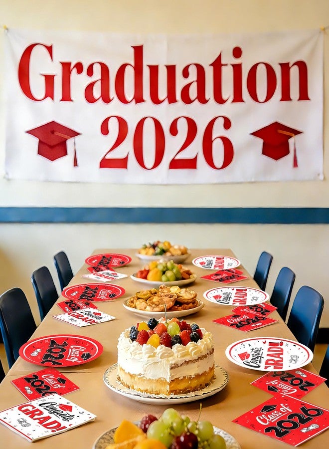 BAIVV Graduation Decorations 2026, 200 Pcs Class of 2026 Graduation Party Supplies Kit with Paper Plates, Luncheon and Cocktail Napkins, Congrats Grad Decorations for 50 Guests (Red) - Image 4