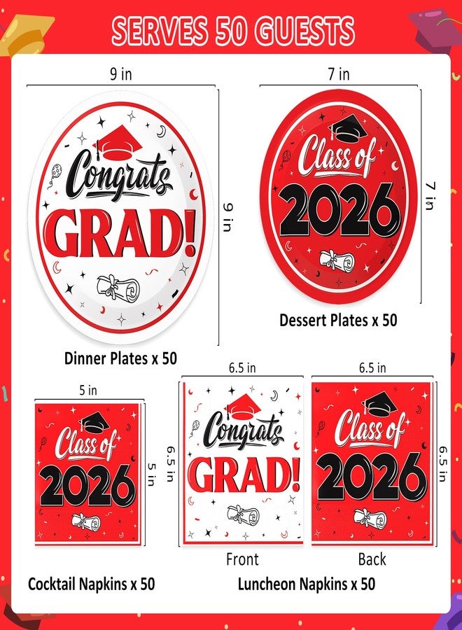 BAIVV Graduation Decorations 2026, 200 Pcs Class of 2026 Graduation Party Supplies Kit with Paper Plates, Luncheon and Cocktail Napkins, Congrats Grad Decorations for 50 Guests (Red) - Image 2