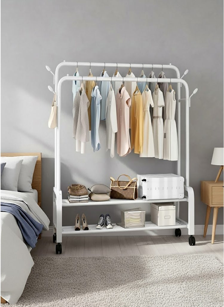 AGD Clothes Dryer and Movable Hanger Rack for Clothes, Hats and Bags, 2 Clothes Hanging Rods and 2 Storage Racks for Bags and Shoes (White) - Image 3