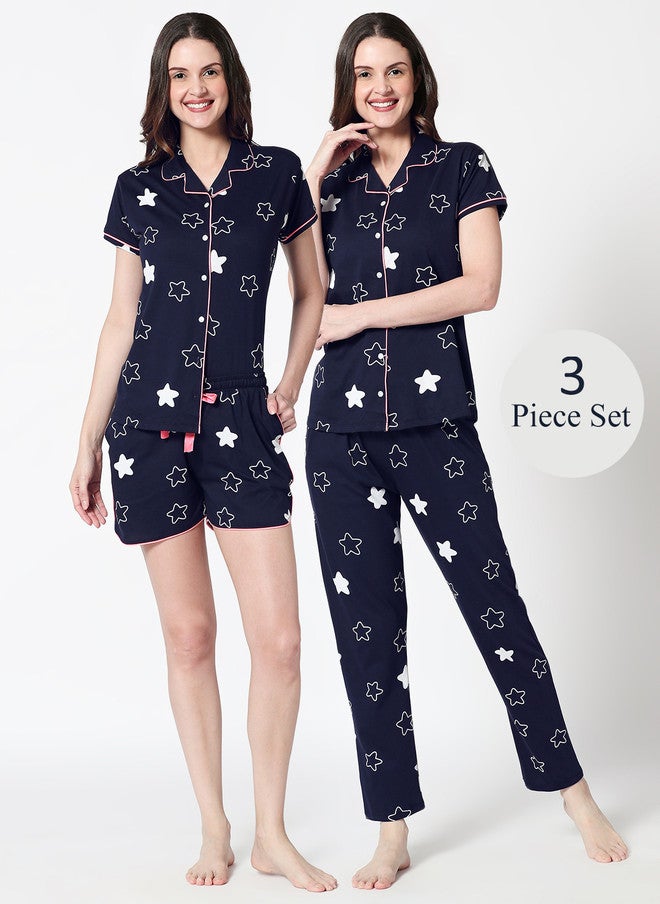 Zeyo Women's 3 Piece Printed Cotton Night Suit Set - Shirt, Pajama, and Shorts - Image 1