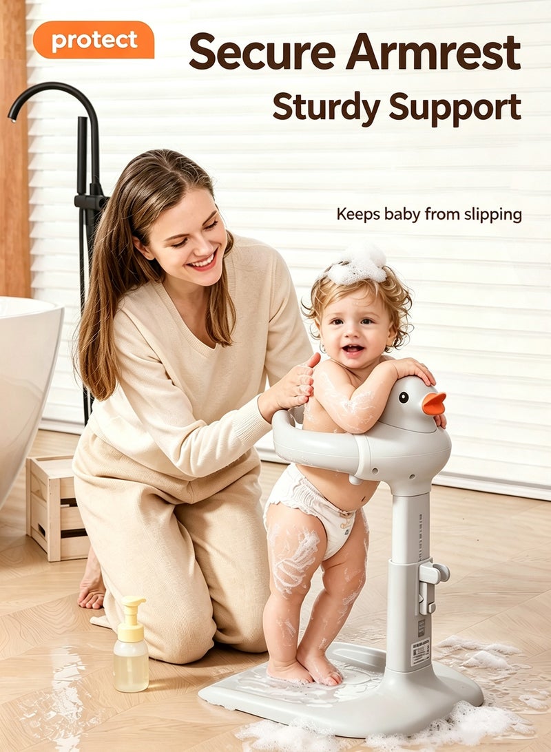 Baby Shower Stand with Stool, 2-in-1 Sitting & Standing Baby Bath Station, Height and Armrest Adjustable, Anti-Slip Shower Support with Seat for Toddlers Infants 6 Months and Above - Image 5