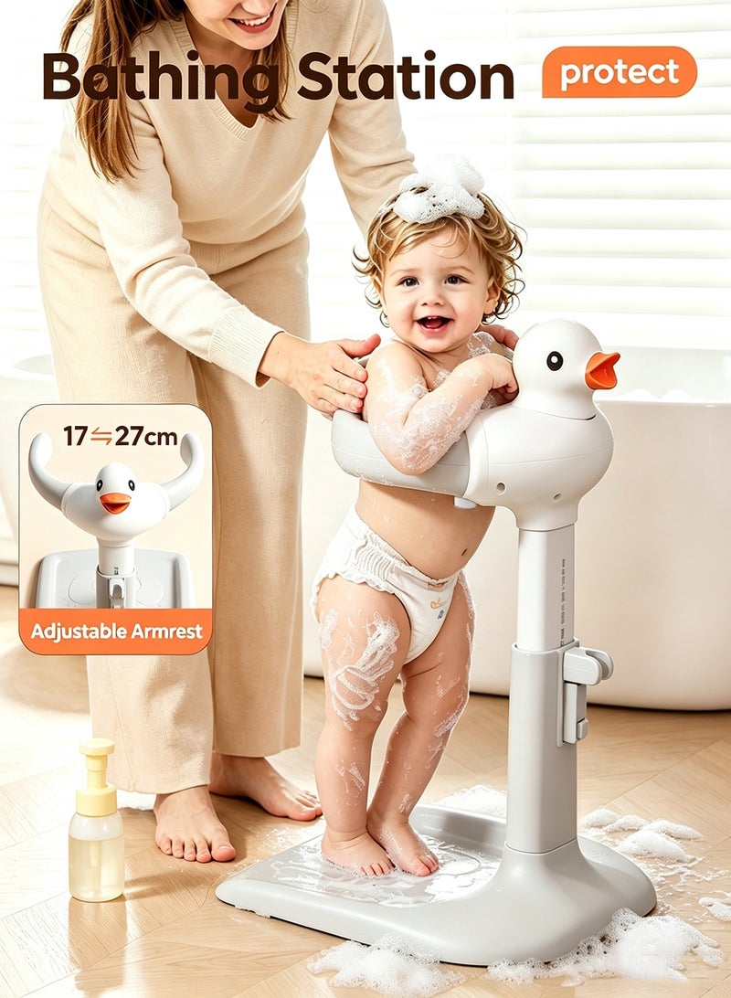 Baby Shower Stand with Stool, 2-in-1 Sitting & Standing Baby Bath Station, Height and Armrest Adjustable, Anti-Slip Shower Support with Seat for Toddlers Infants 6 Months and Above - Image 1