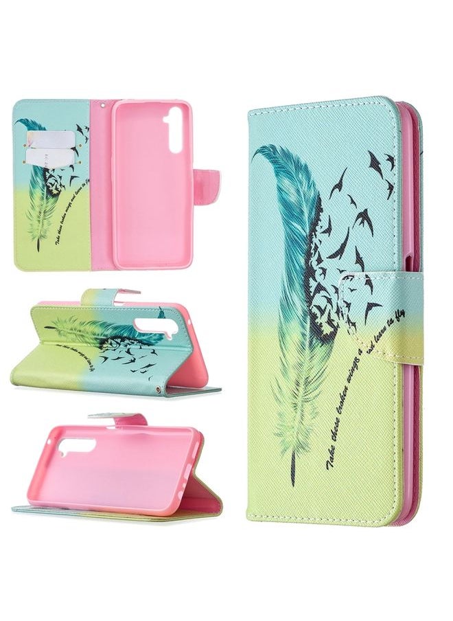 HuHa Case Cover For Realme 6 Pro Colored Drawing Pattern Horizontal Flip Leather Case with Holder & Card Slots & Wallet Feather 