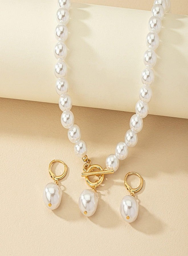 MarveBard Bridal Pearl Choker Necklace Earring Set for Women Vintage Irregular Pearl Pendant Necklace Earrings Faux Pearl Beaded Necklace Elegant Bridal Wedding Party Banquet Ball Costume Jewelry (White) - Image 4