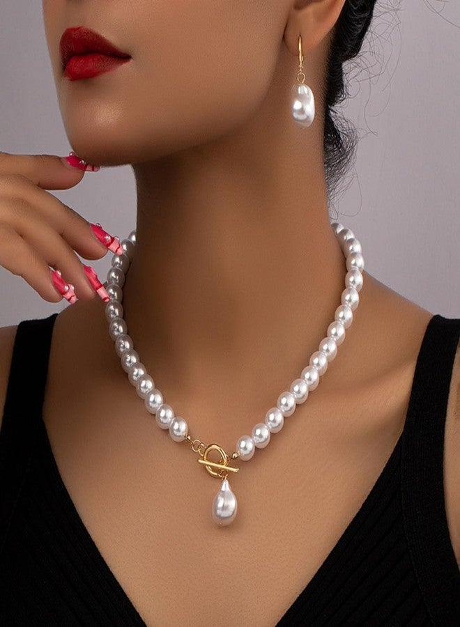 MarveBard Bridal Pearl Choker Necklace Earring Set for Women Vintage Irregular Pearl Pendant Necklace Earrings Faux Pearl Beaded Necklace Elegant Bridal Wedding Party Banquet Ball Costume Jewelry (White) - Image 2