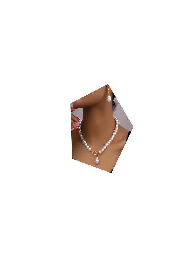 MarveBard Bridal Pearl Choker Necklace Earring Set for Women Vintage Irregular Pearl Pendant Necklace Earrings Faux Pearl Beaded Necklace Elegant Bridal Wedding Party Banquet Ball Costume Jewelry (White) - Image 1