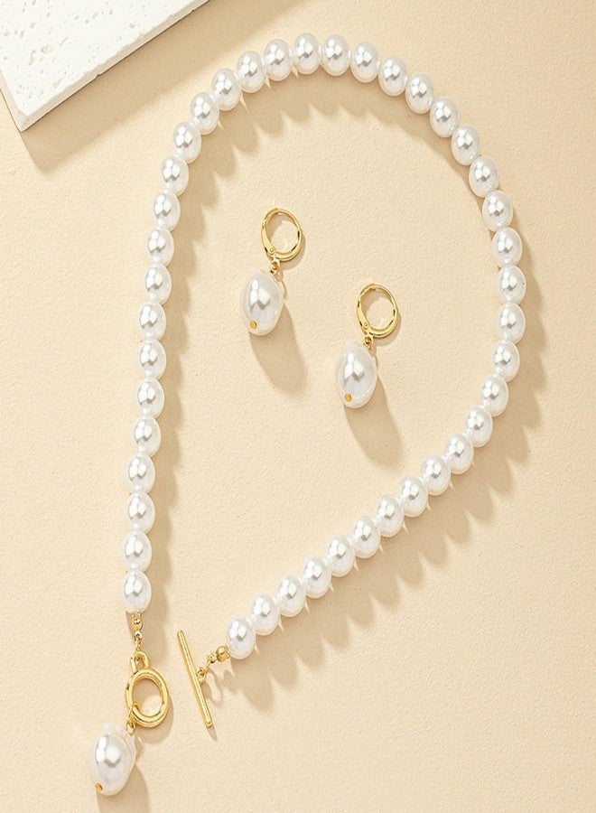 MarveBard Bridal Pearl Choker Necklace Earring Set for Women Vintage Irregular Pearl Pendant Necklace Earrings Faux Pearl Beaded Necklace Elegant Bridal Wedding Party Banquet Ball Costume Jewelry (White) - Image 5