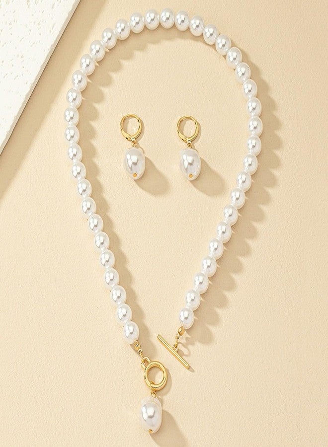 MarveBard Bridal Pearl Choker Necklace Earring Set for Women Vintage Irregular Pearl Pendant Necklace Earrings Faux Pearl Beaded Necklace Elegant Bridal Wedding Party Banquet Ball Costume Jewelry (White) - Image 3