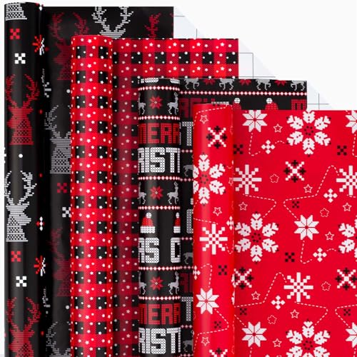 Merture Red and Black Christmas Wrapping Paper Set Pixel Gift Paper Jumbo Roll with Reindeer Snowflake Christmas Text Santa Hat Buffalo Plaid 4 Rolls 30 In x 10 Ft per Roll - Image 1
