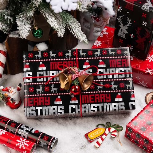 Merture Red and Black Christmas Wrapping Paper Set Pixel Gift Paper Jumbo Roll with Reindeer Snowflake Christmas Text Santa Hat Buffalo Plaid 4 Rolls 30 In x 10 Ft per Roll - Image 3