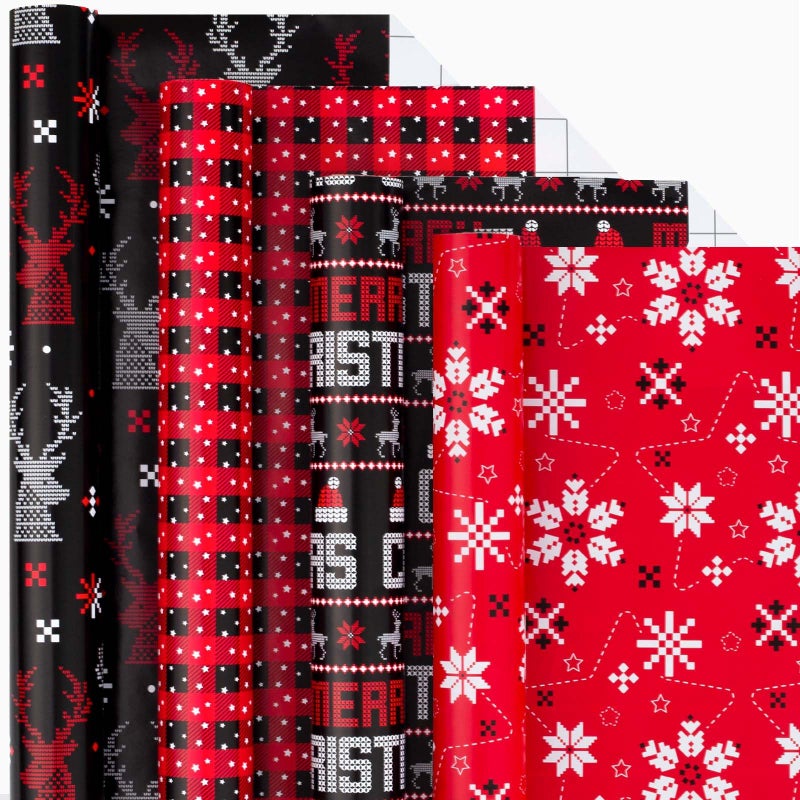 Merture Red and Black Christmas Wrapping Paper Set Pixel Gift Paper Jumbo Roll with Reindeer Snowflake Christmas Text Santa Hat Buffalo Plaid 4 Rolls 30 In x 10 Ft per Roll - Image 2