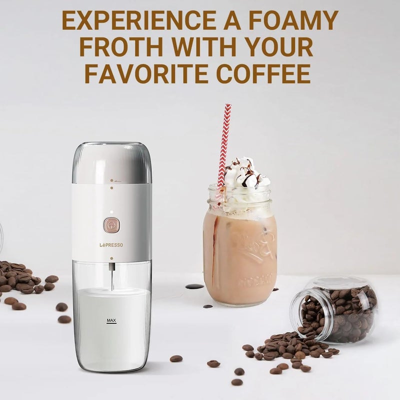 LePresso 2 in 1 Portable Coffee Grinder & Milk Frothing Machine, 19000rpm Grinder Blade Speed, 10-40g Bean Container, 150ml Milk Container, Stainless Steel - White - Image 3