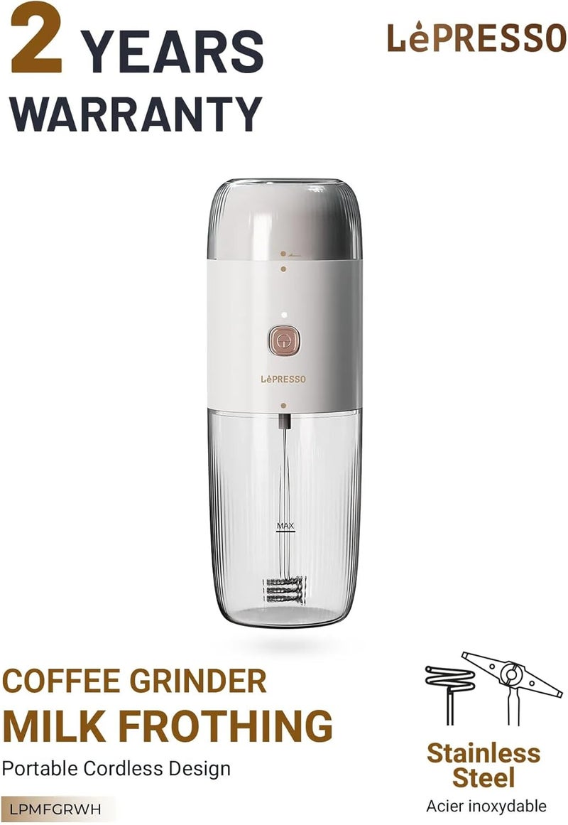 LePresso 2 in 1 Portable Coffee Grinder & Milk Frothing Machine, 19000rpm Grinder Blade Speed, 10-40g Bean Container, 150ml Milk Container, Stainless Steel - White - Image 1