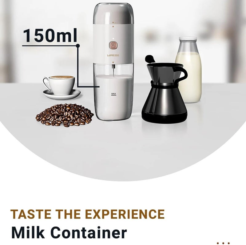 LePresso 2 in 1 Portable Coffee Grinder & Milk Frothing Machine, 19000rpm Grinder Blade Speed, 10-40g Bean Container, 150ml Milk Container, Stainless Steel - White - Image 2