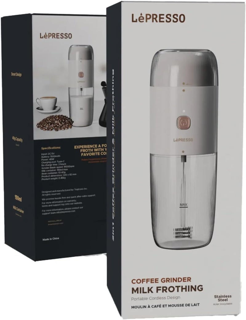 LePresso 2 in 1 Portable Coffee Grinder & Milk Frothing Machine, 19000rpm Grinder Blade Speed, 10-40g Bean Container, 150ml Milk Container, Stainless Steel - White - Image 5