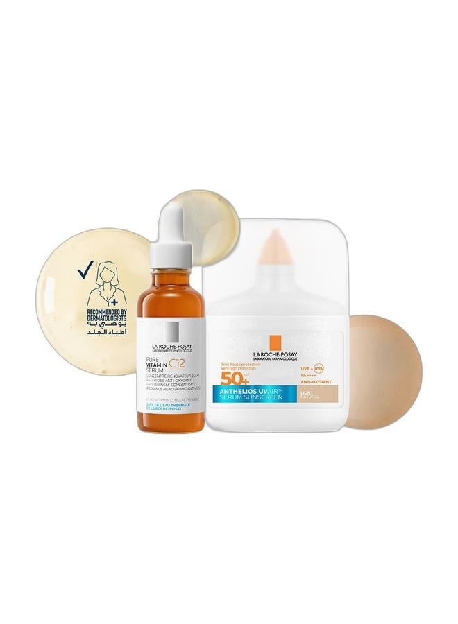 LA ROCHE-POSAY La Roche Posay 12% Pure Vitamin C Anti-Aging 30Ml Face Serum With Hyaluronic Acid & Salicylic Acid; Boosts Skin Regeneration And Reduces Appearance Of Wrinkles clear 30ml & La Roche-Posay Anthelios UVAir Light Natural Shade Sunscreen Serum SPF 50+ with Niacinamide; Daily Facial Sunblock for Men/Women; Light as Air Texture with Invisible Finish for All Skin Types 50ML Bundle - Image 1