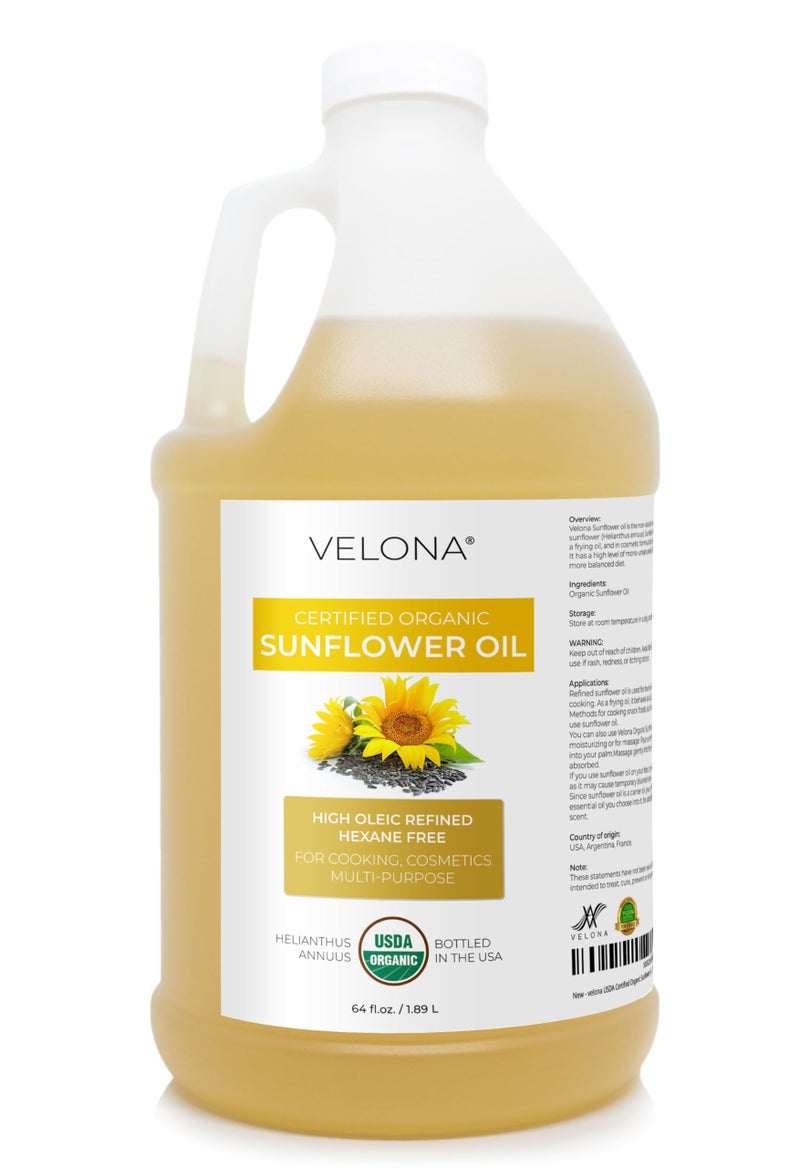 velona USDA Certified Organic Sunflower Oil - 64 Fl Oz | 100% Pure and Natural Carrier Oil | High Oleic, Refined| Cooking, Skin, Hair, Body & Face Moisturizing - Image 1