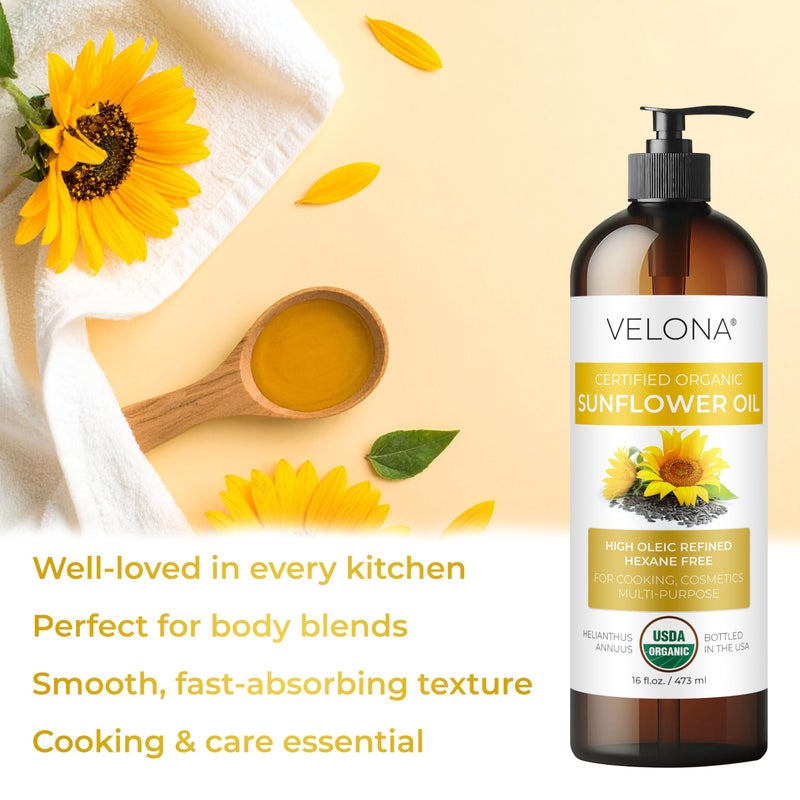 velona USDA Certified Organic Sunflower Oil - 64 Fl Oz | 100% Pure and Natural Carrier Oil | High Oleic, Refined| Cooking, Skin, Hair, Body & Face Moisturizing - Image 4