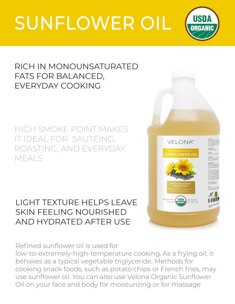 velona USDA Certified Organic Sunflower Oil - 64 Fl Oz | 100% Pure and Natural Carrier Oil | High Oleic, Refined| Cooking, Skin, Hair, Body & Face Moisturizing - Image 2