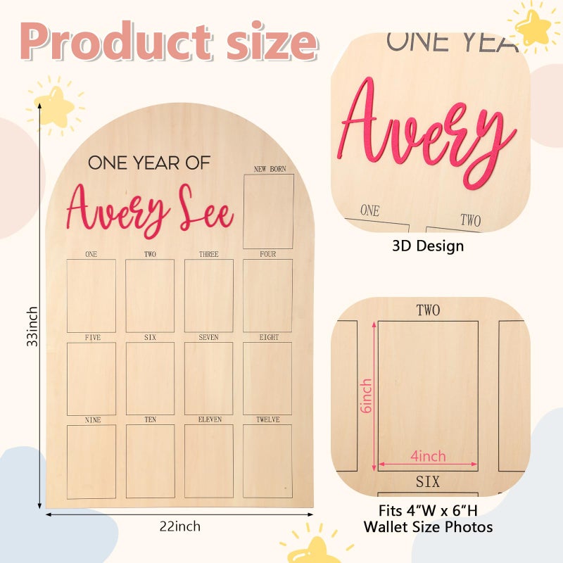 Leinuosen 33 x 22 Inch My First Year Photo Board 12 Monthly Picture Frame with DIY Name Felt Letters 1st Birthday Decorations Gifts for Boy Girl Newborn Keepsake, Fits 4 x 6 Photos(Pink,Girl) - Image 2
