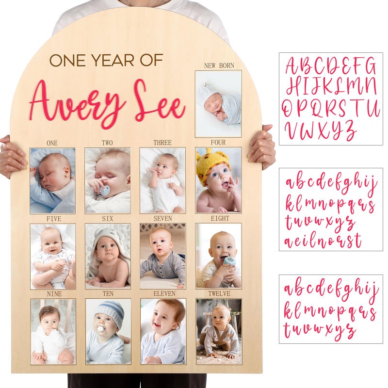 Leinuosen 33 x 22 Inch My First Year Photo Board 12 Monthly Picture Frame with DIY Name Felt Letters 1st Birthday Decorations Gifts for Boy Girl Newborn Keepsake, Fits 4 x 6 Photos(Pink,Girl) - Image 1