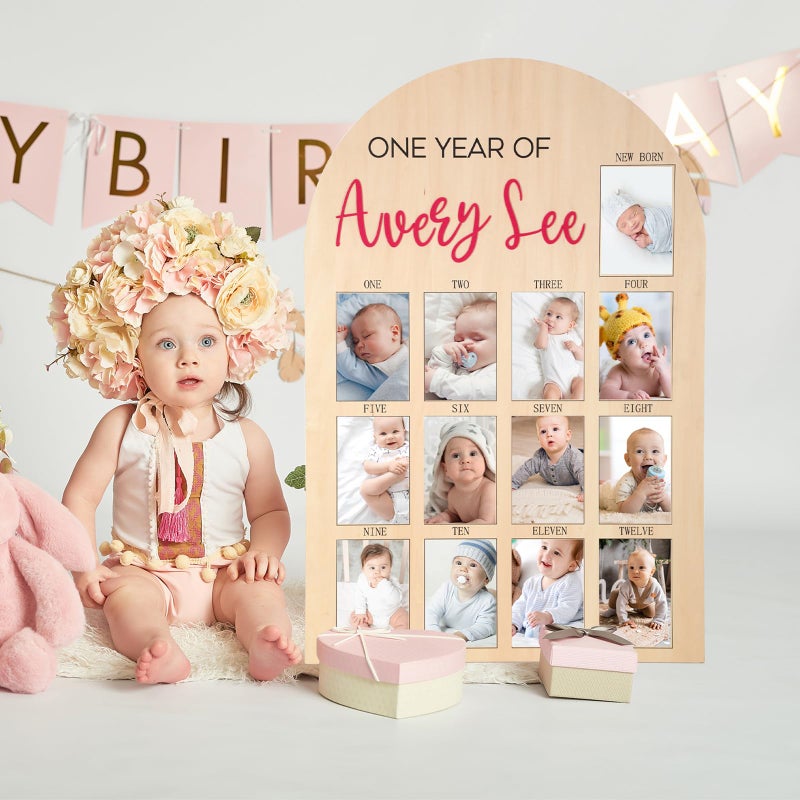 Leinuosen 33 x 22 Inch My First Year Photo Board 12 Monthly Picture Frame with DIY Name Felt Letters 1st Birthday Decorations Gifts for Boy Girl Newborn Keepsake, Fits 4 x 6 Photos(Pink,Girl) - Image 4