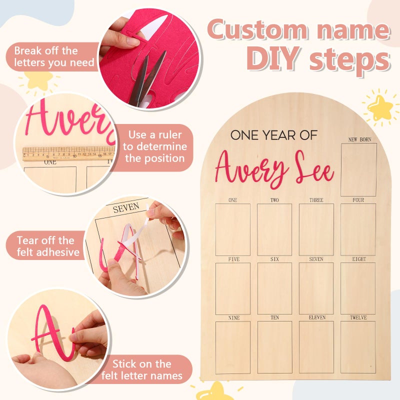 Leinuosen 33 x 22 Inch My First Year Photo Board 12 Monthly Picture Frame with DIY Name Felt Letters 1st Birthday Decorations Gifts for Boy Girl Newborn Keepsake, Fits 4 x 6 Photos(Pink,Girl) - Image 3