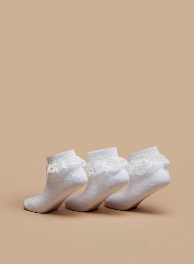 JUNIORS Girls Lace Frill Detail Ankle Length Socks - Set of 3