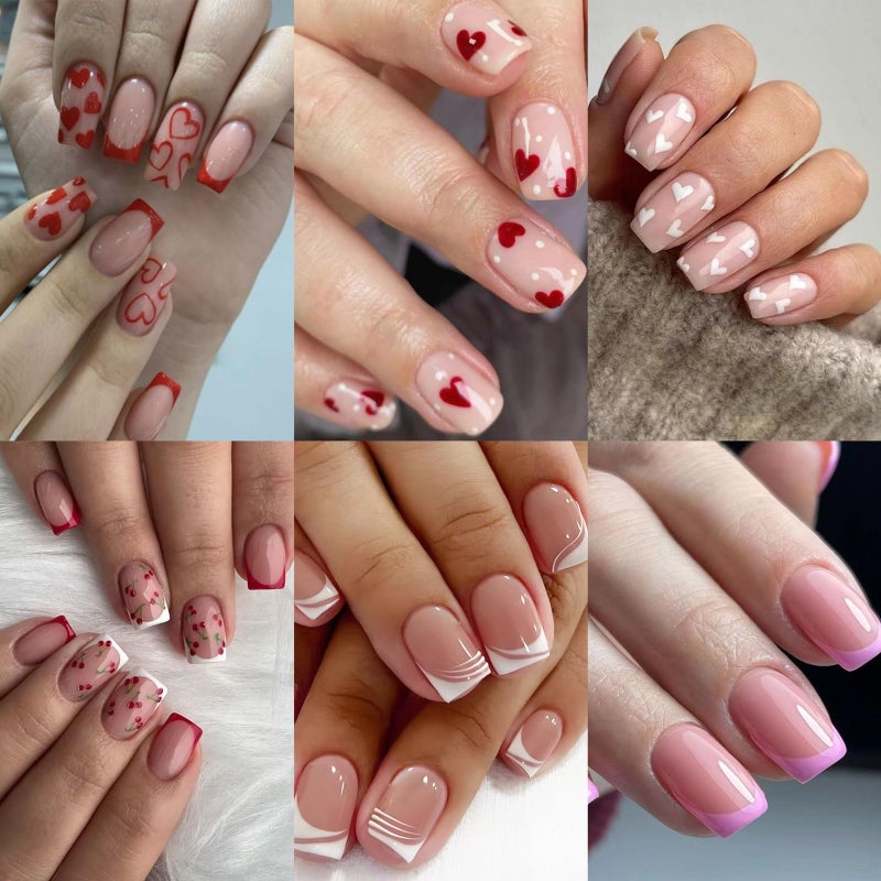 CTTHNBD 6 Packs (144 Pcs) Square Press on Nails - French Tip, Red, Heart False Nails - Short, Medium Glue on Fake Nails for Women - 12 Sizes, 6 Styles - Image 1