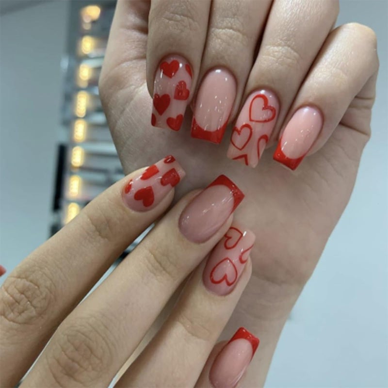 CTTHNBD 6 Packs (144 Pcs) Square Press on Nails - French Tip, Red, Heart False Nails - Short, Medium Glue on Fake Nails for Women - 12 Sizes, 6 Styles - Image 2