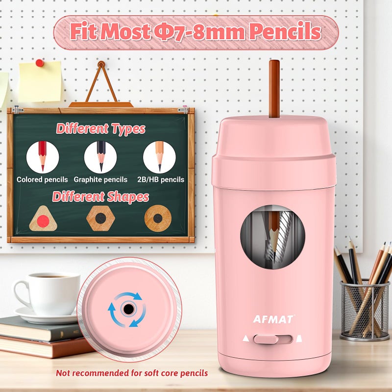 AFMAT Electric Pencil Sharpener, Auto in & Out, Fully Automatic Pencil Sharpener for Colored Pencils, Rechargeable Hands-Free Sharpeners for Ï†7-8mm Pencils, Good for Classroom/Home PSX8(Light Pink) - Image 3